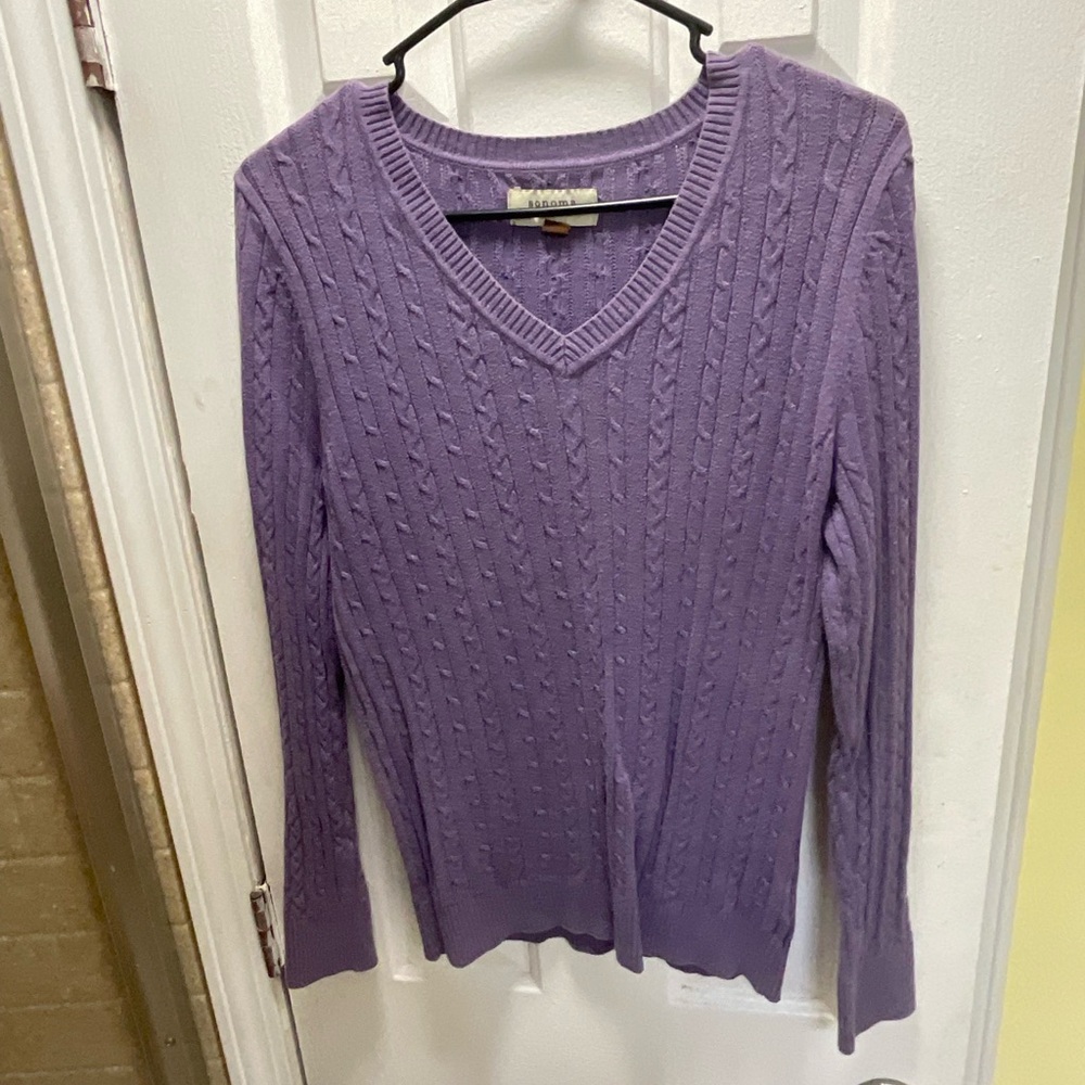 Sonoma Cable Knit V-Neck Cotton Sweater Purple Size M